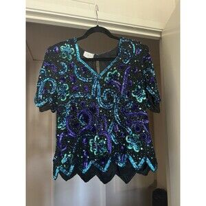 Vintage Laurence Kazar Carina Sequin Top M 80s Floral Scallop Hem V Neck Glam